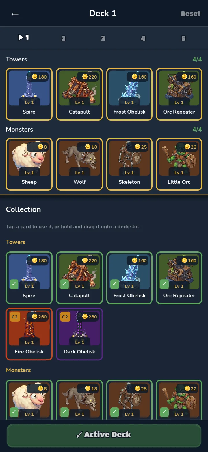 Deck editor with four towers and four monsters.