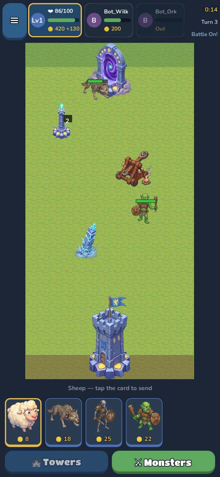 A Line Clash match: towers defend a lane while a wolf and an orc march from the portal toward the castle.