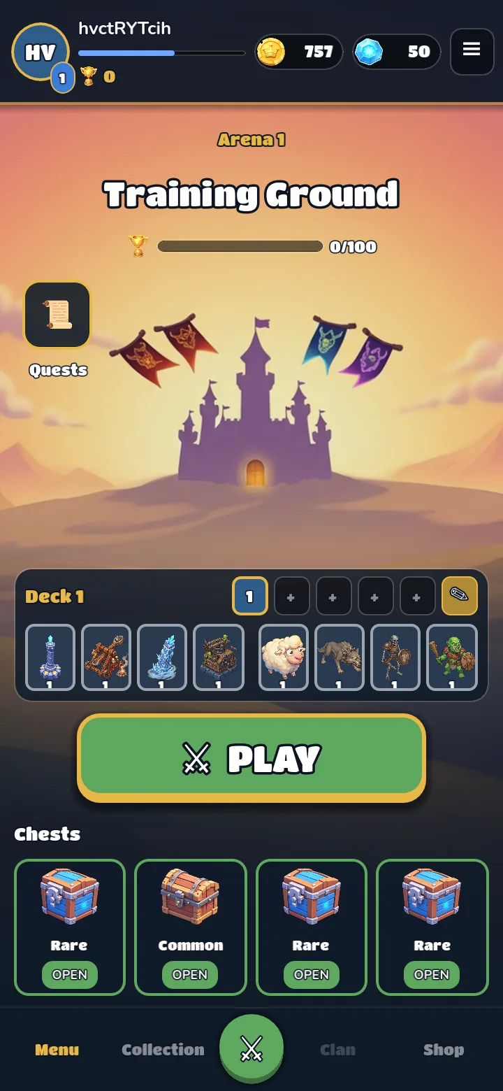 Home screen with the arena, the active deck, the Play button and chests.